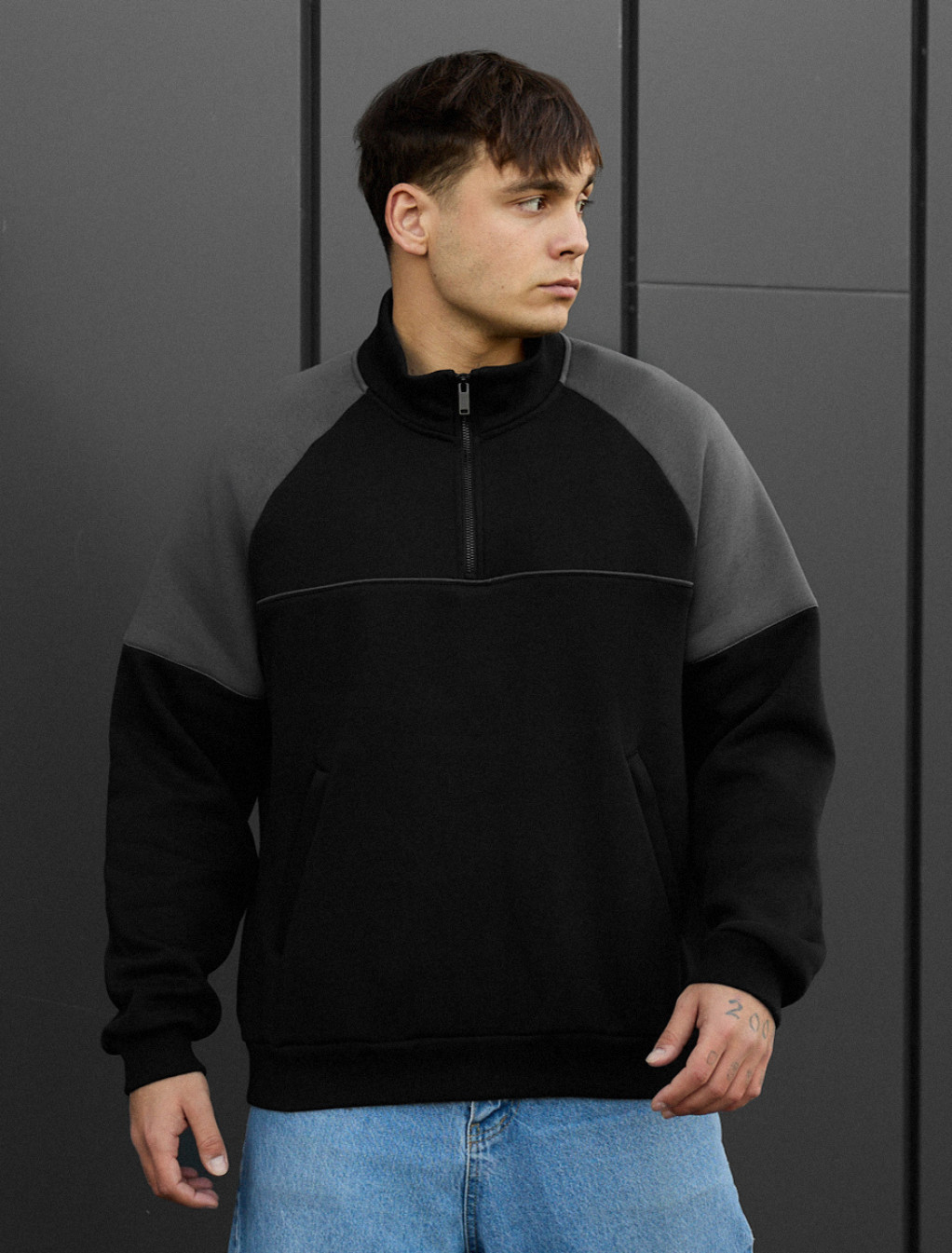 Bluza Staff black & gray zip reflective oversize fleece