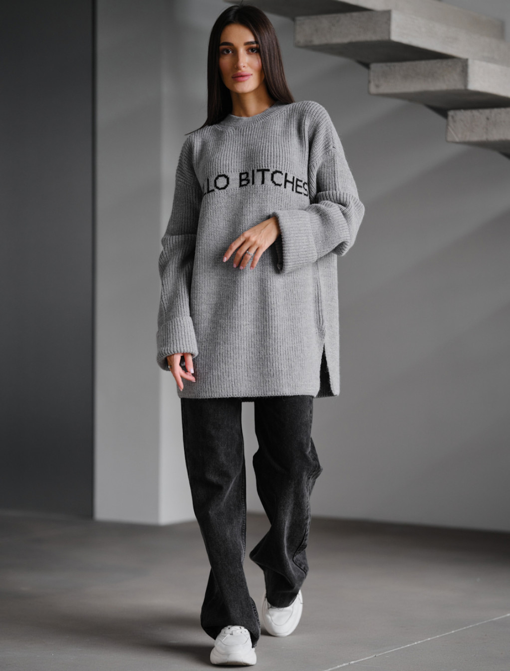 Damski sweter z dzianiny Staff lo gray oversize