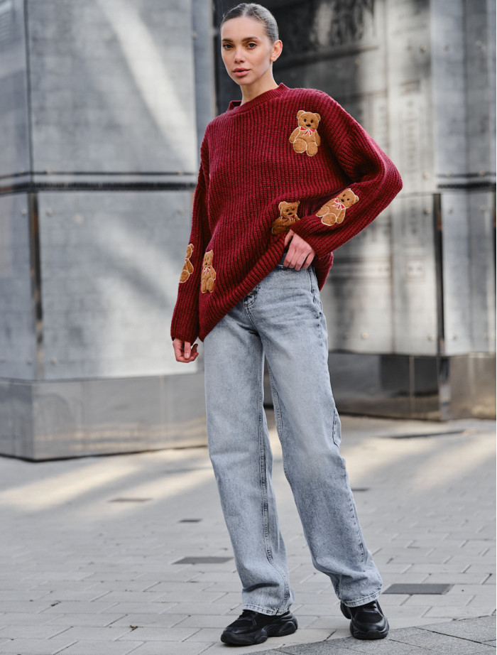 Damski sweter z dzianiny Staff bear bordo oversize