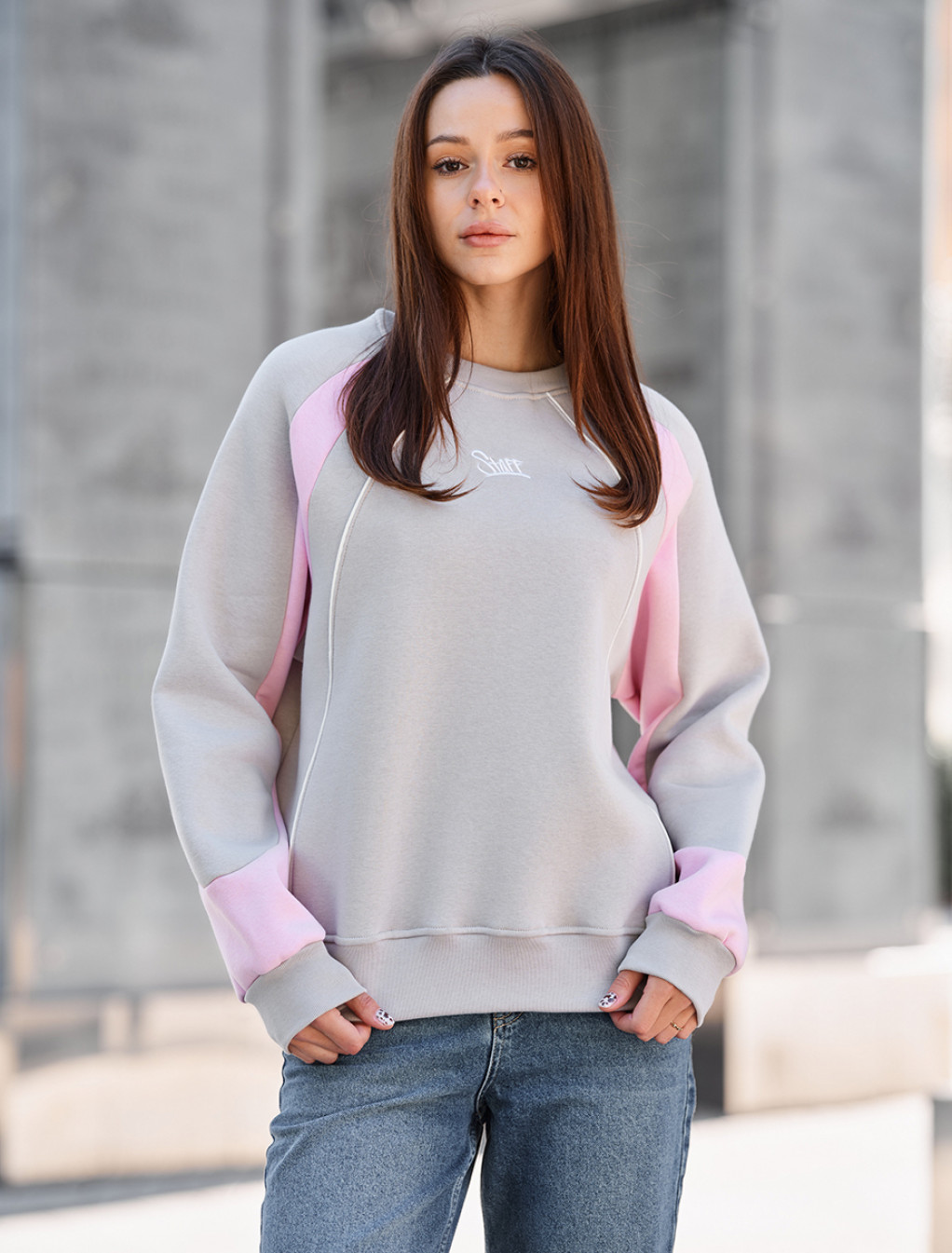 Bluzę Staff sim light gray & pink oversize fleece
