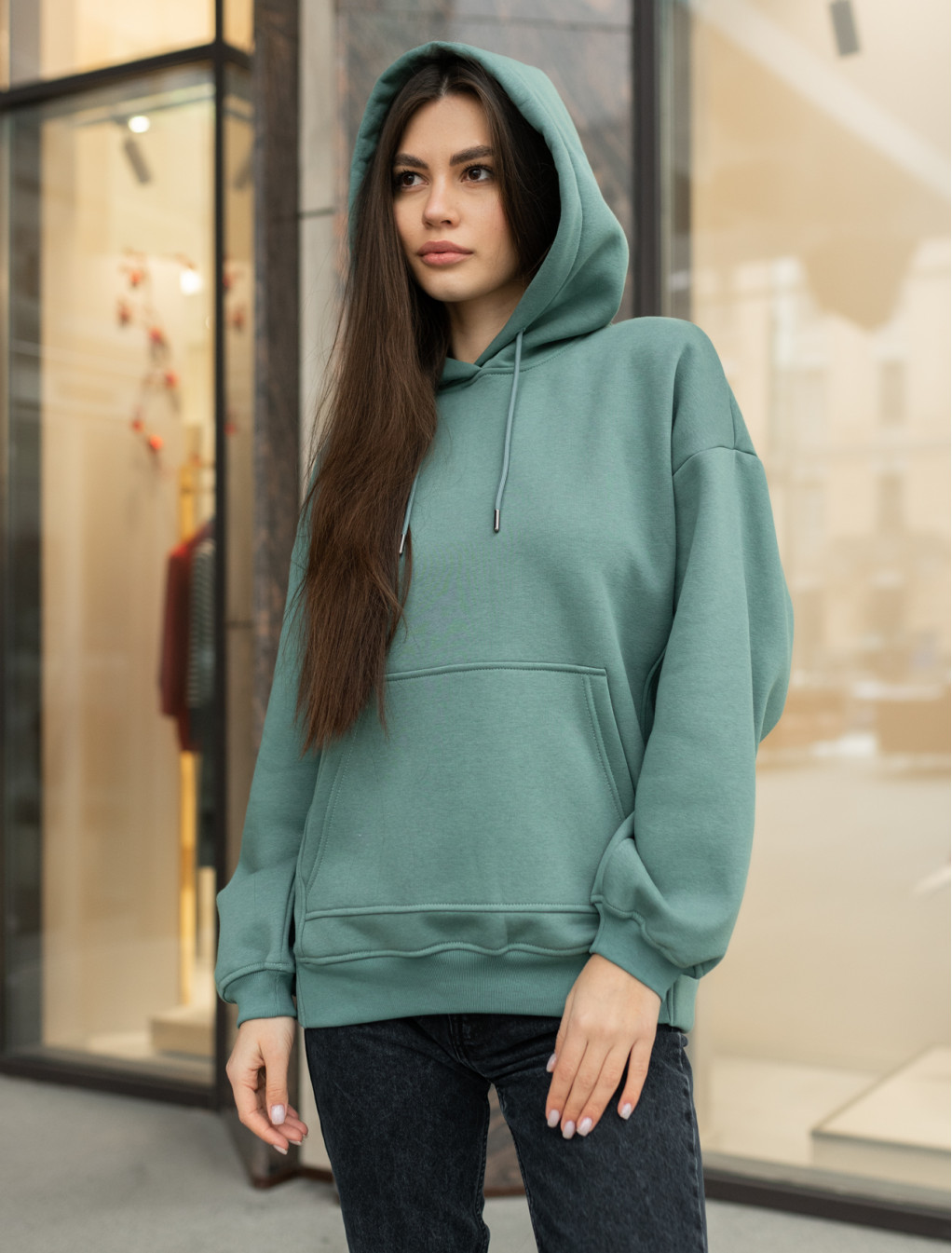 Damska bluza z kapturem Staff green basic oversize fleece