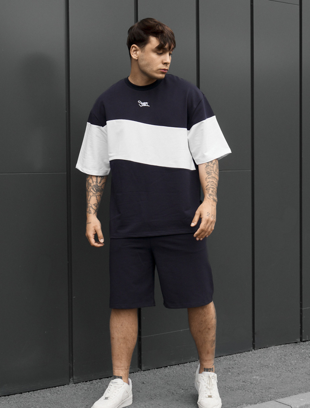 Komplet koszulka + spodenki Staff hv navy & white logo oversize