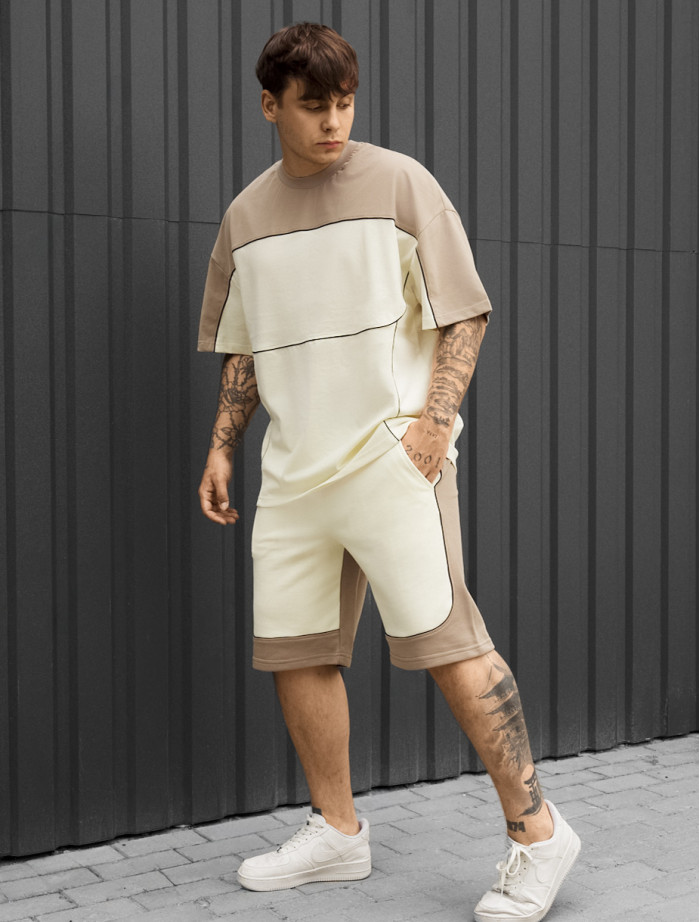 Komplet koszulka + spodenki Staff raf milk & light brown oversize