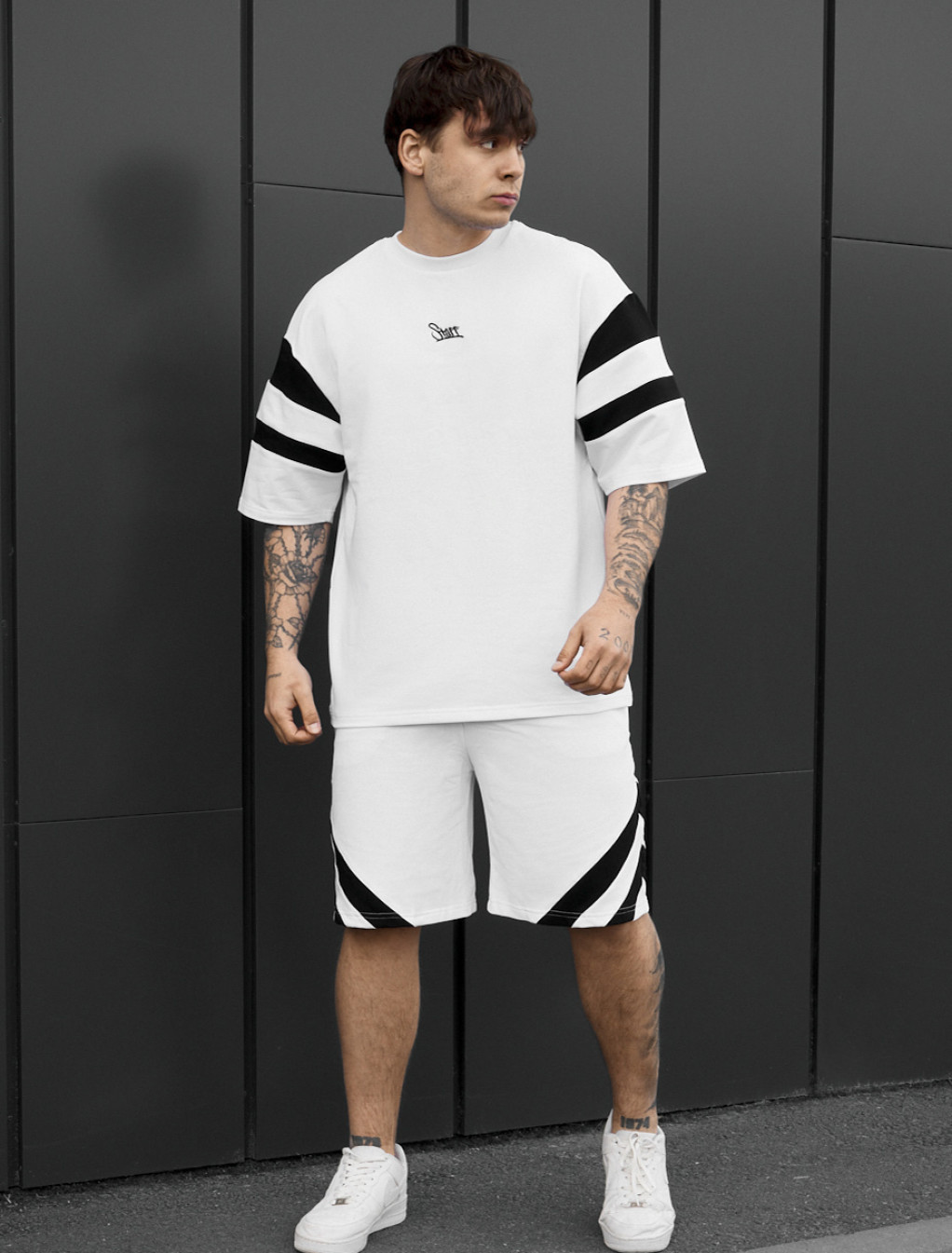 Komplet koszulka + spodenki Staff ran logo white & black oversize
