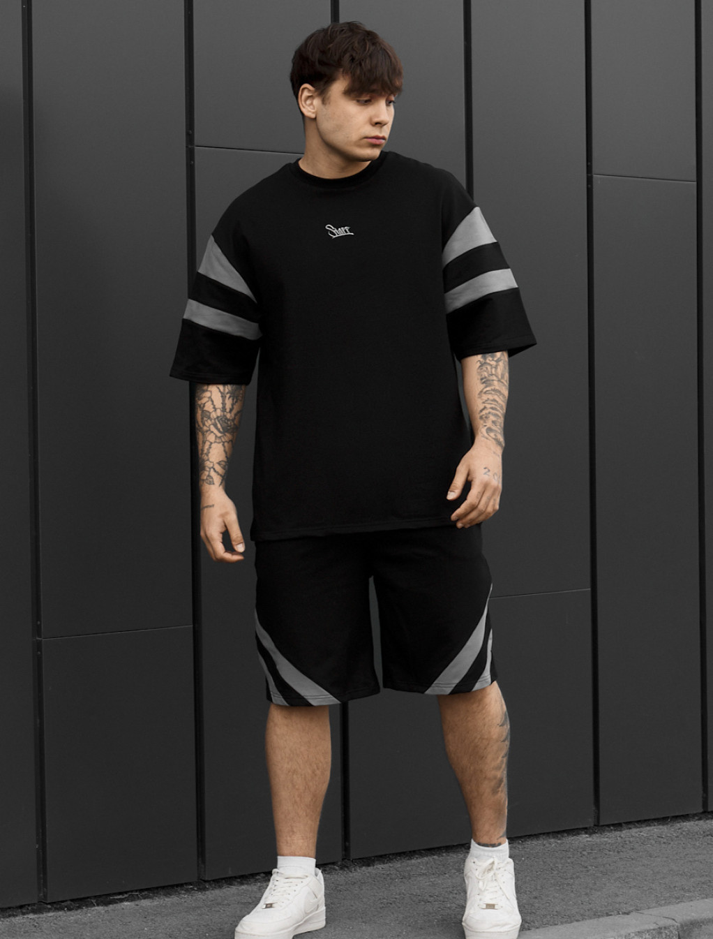 KOmplet koszulka + spodenki Staff ran logo black & gray oversize