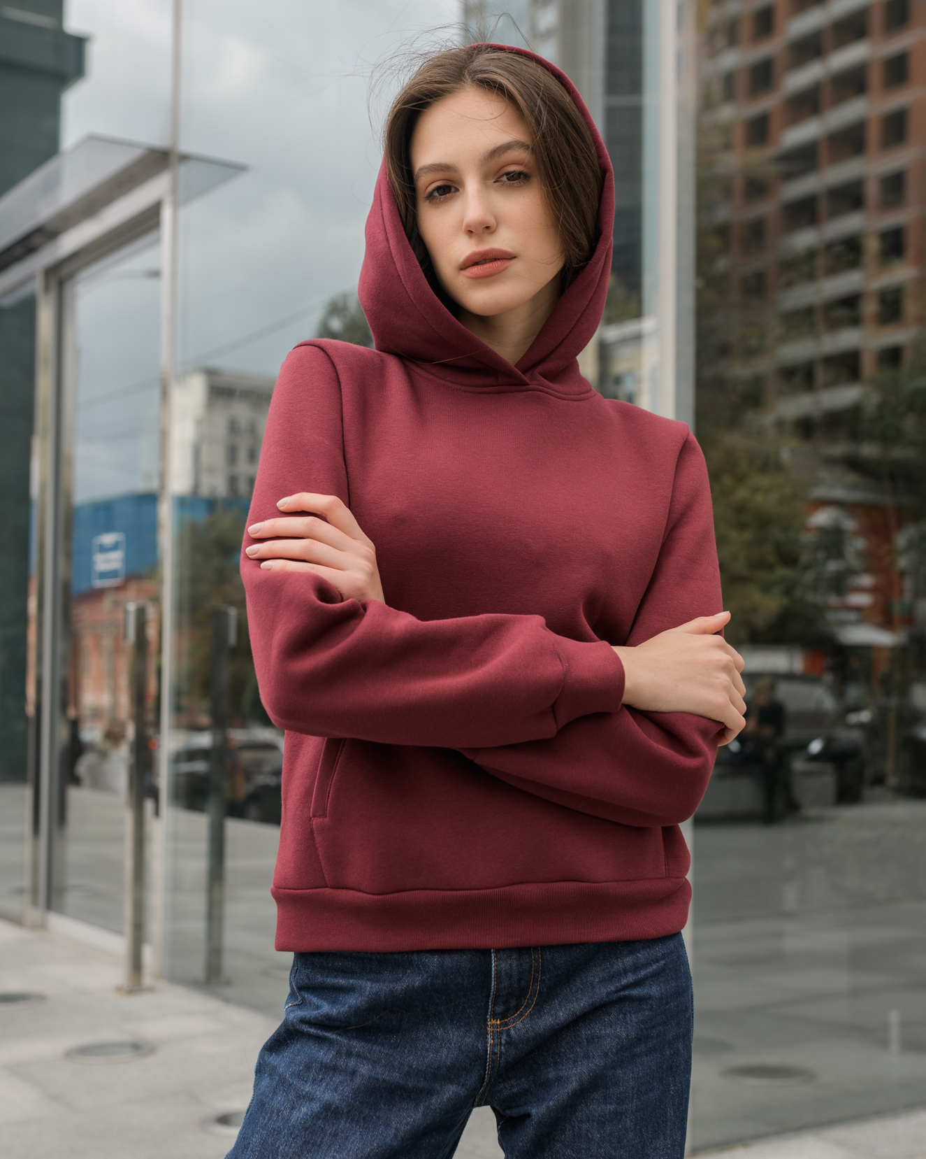 Damska bluza z kapturem Staff basic bordo fleece