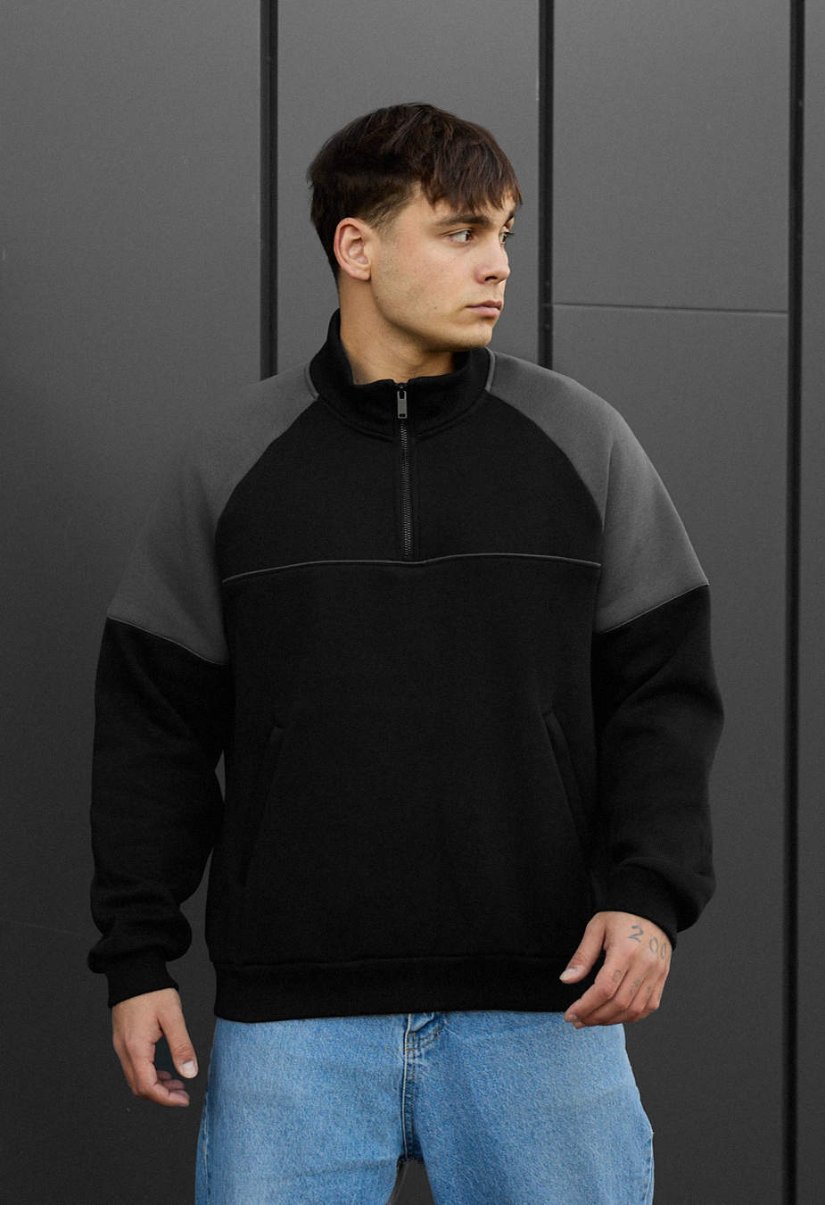 Bluza Staff black & gray zip reflective oversize fleece