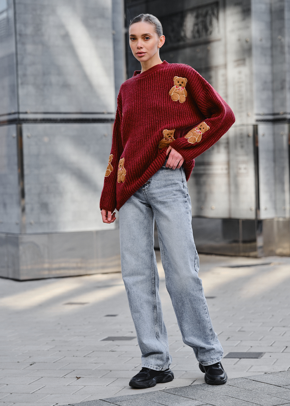 Damski sweter z dzianiny Staff bear bordo oversize