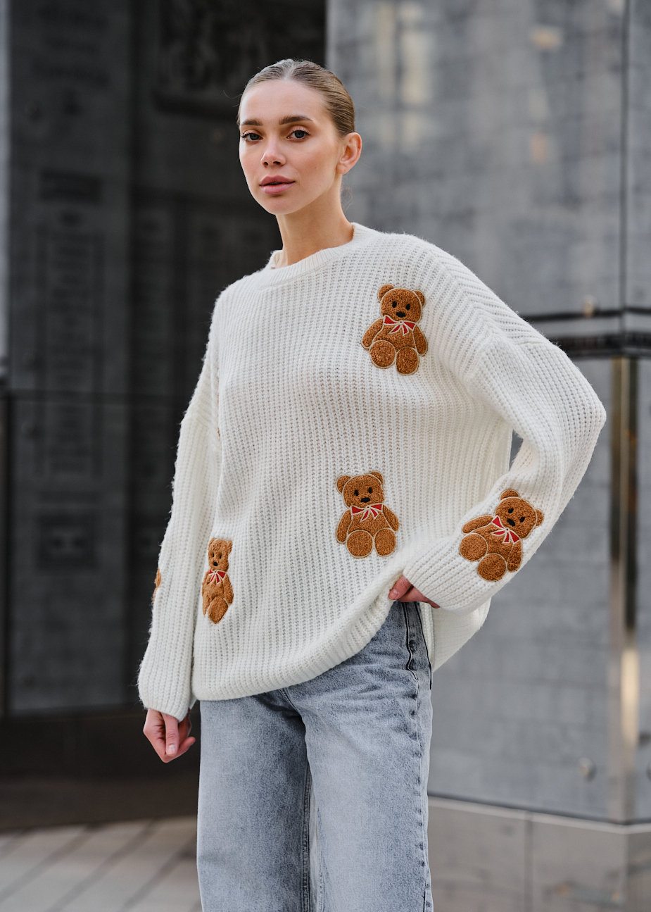 Damski sweter z dzianiny Staff bear white oversize