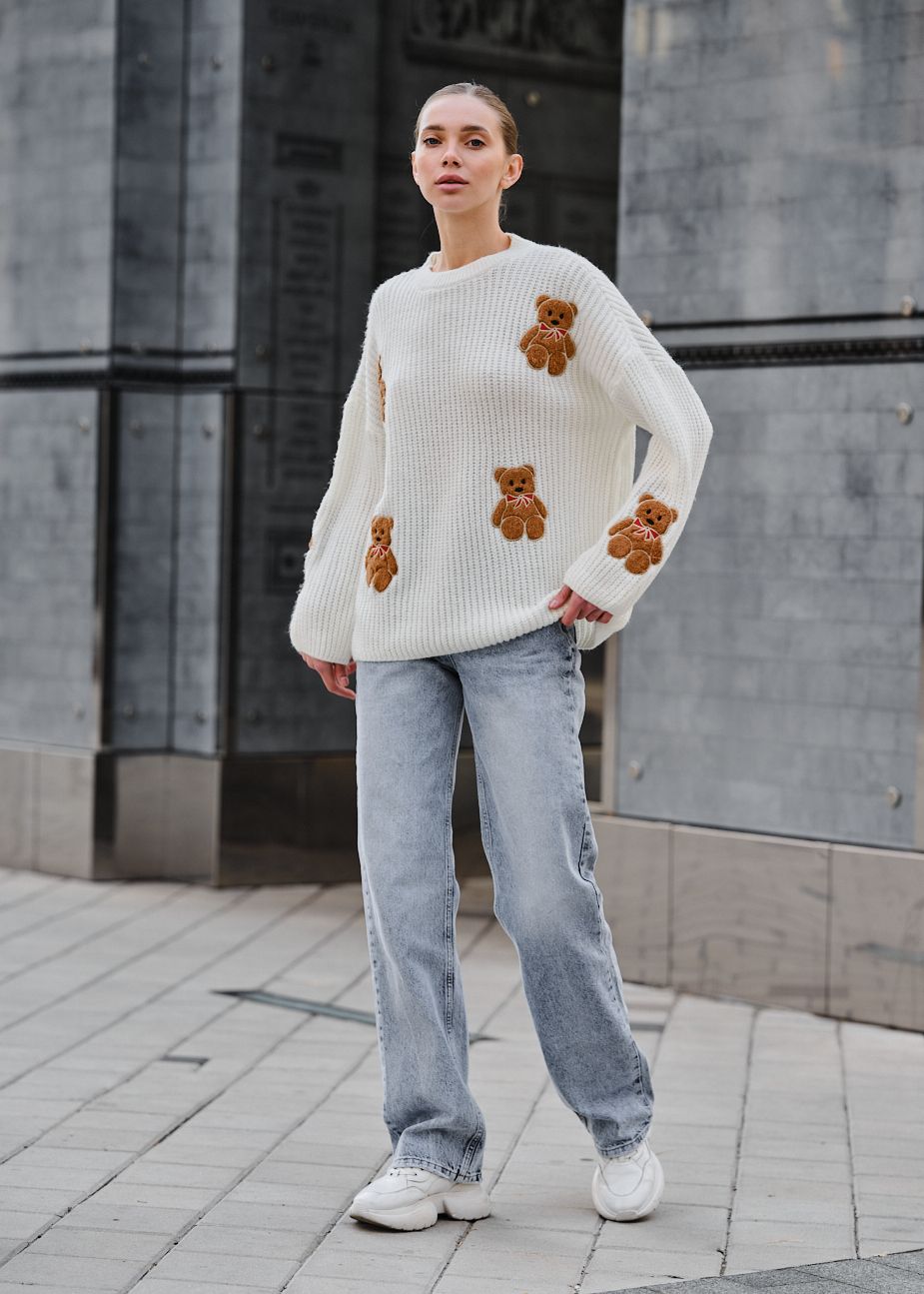 Damski sweter z dzianiny Staff bear white oversize