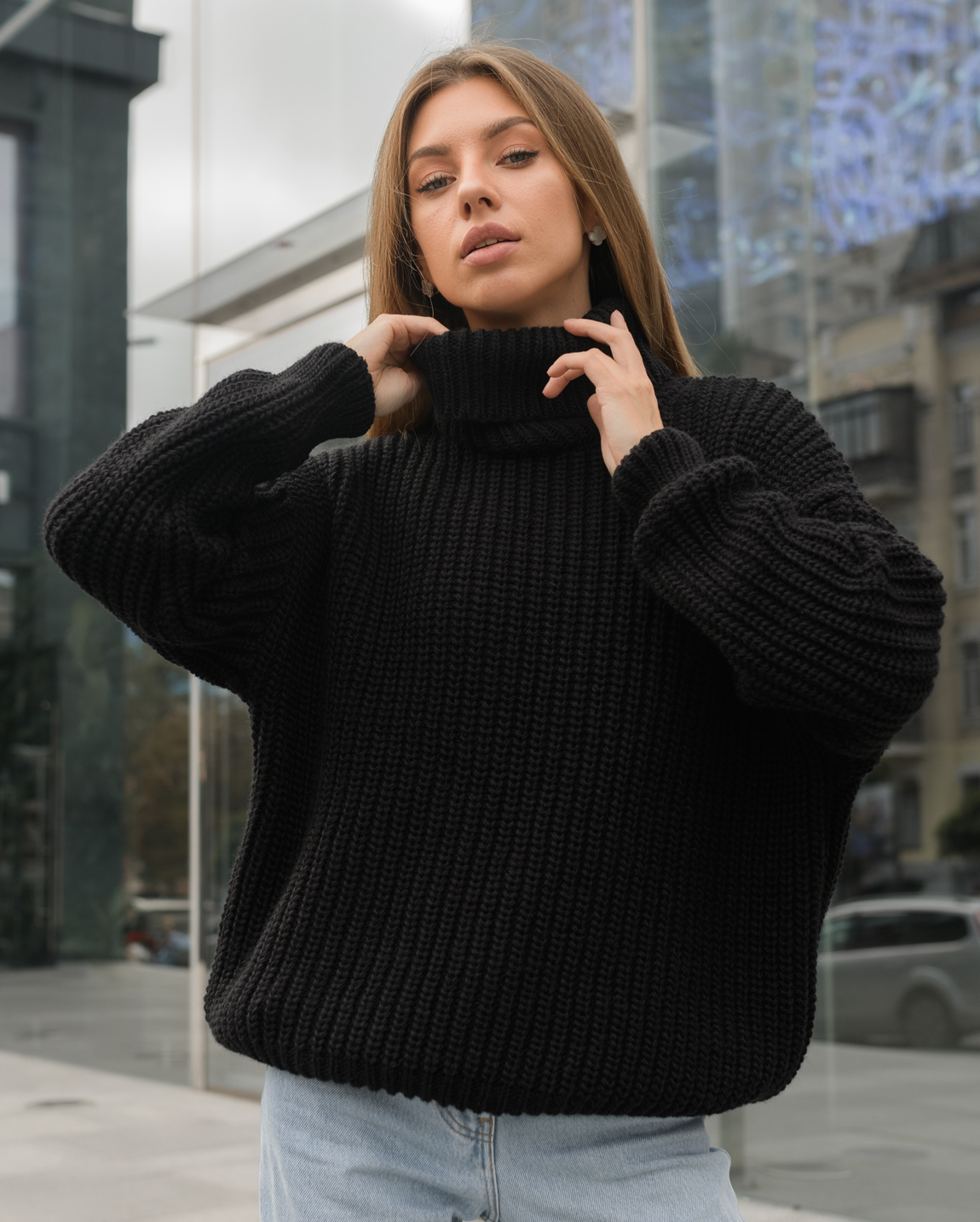 Damski sweter z dzianiny Staff black oversize