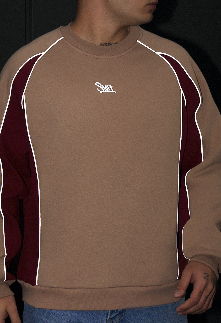 Bluza Staff lur beige & bordo reflective oversize fleece