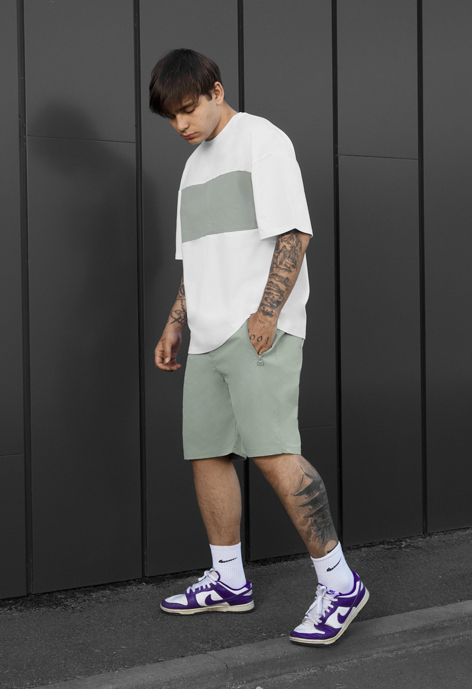 Komplet koszulka + spodenki Staff patt white & light olive
