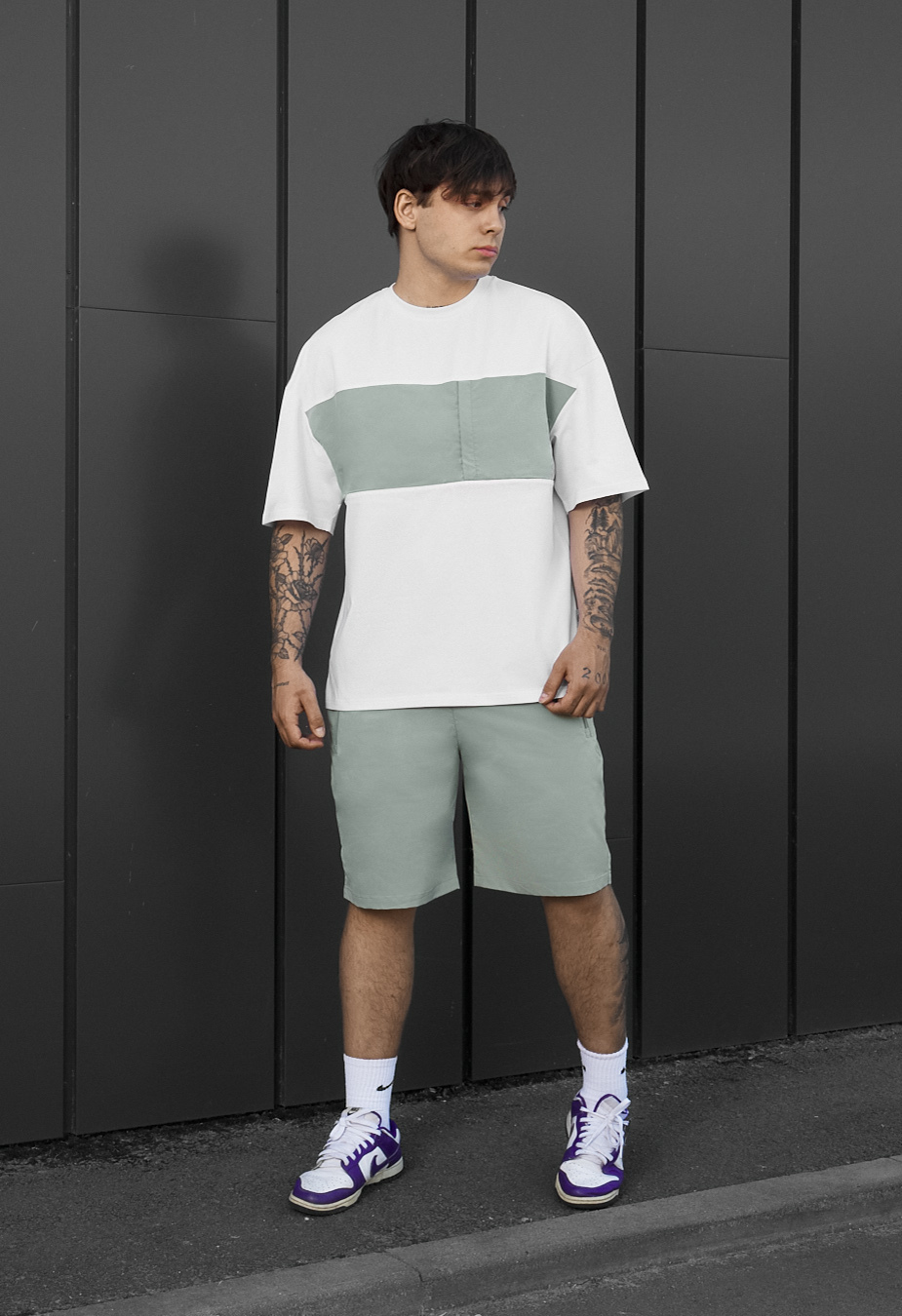 Komplet koszulka + spodenki Staff patt white & light olive