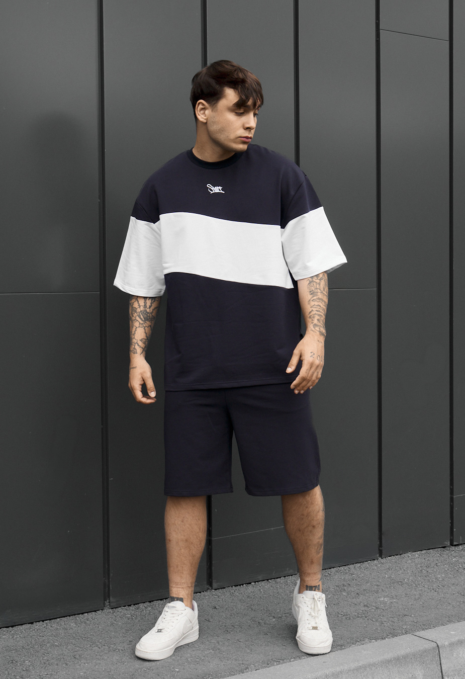 Komplet koszulka + spodenki Staff hv navy & white logo oversize