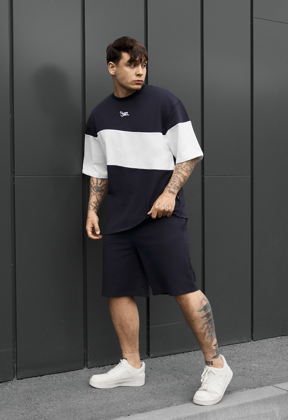 Komplet koszulka + spodenki Staff hv navy & white logo oversize