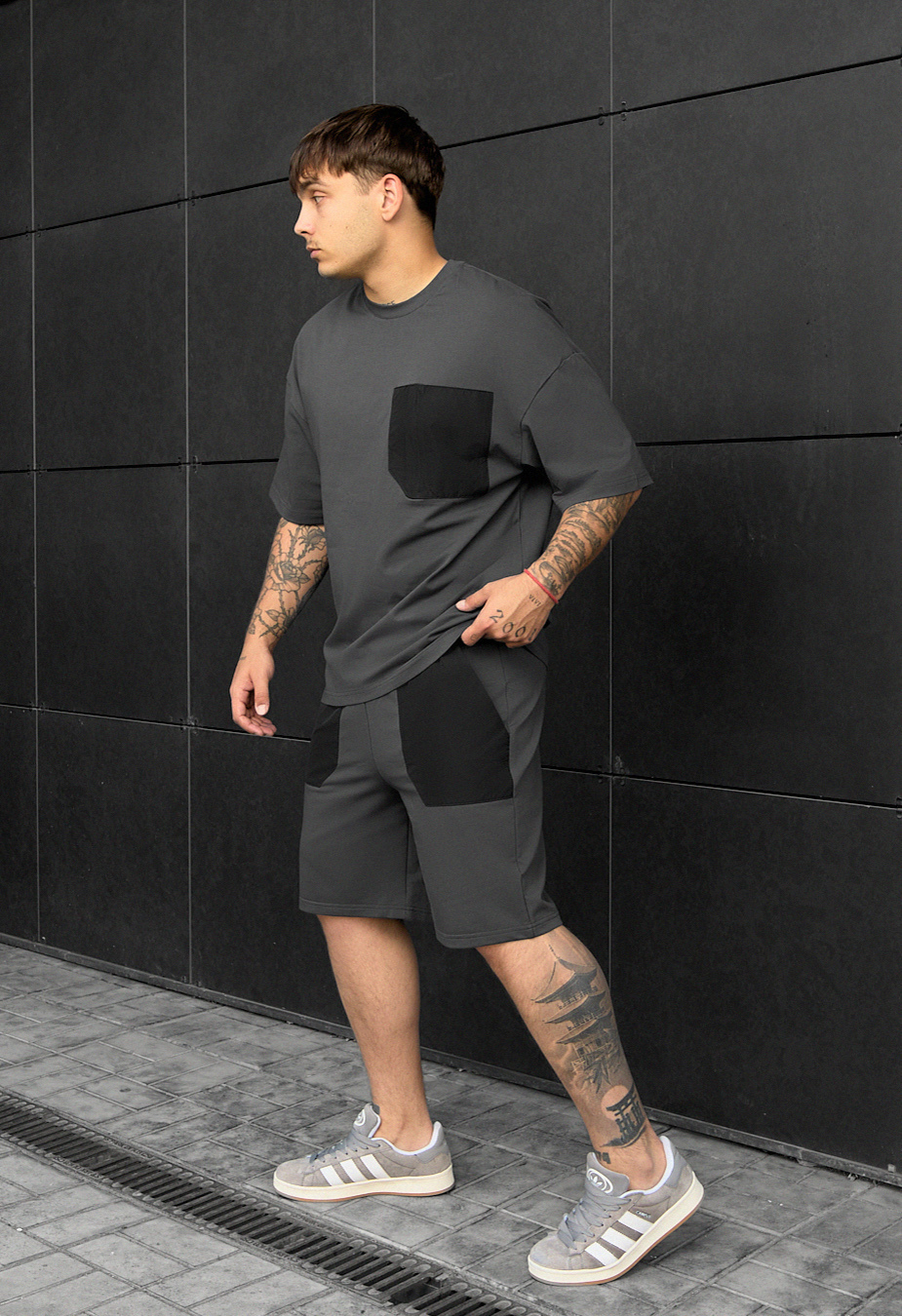 Komplet koszulka + spodenki Staff kas dark gray oversize