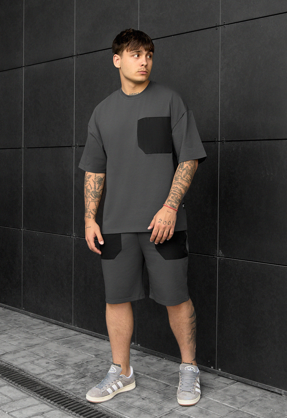 Komplet koszulka + spodenki Staff kas dark gray oversize
