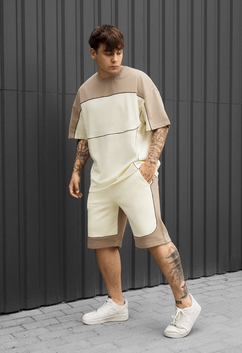 Komplet koszulka + spodenki Staff raf milk & light brown oversize