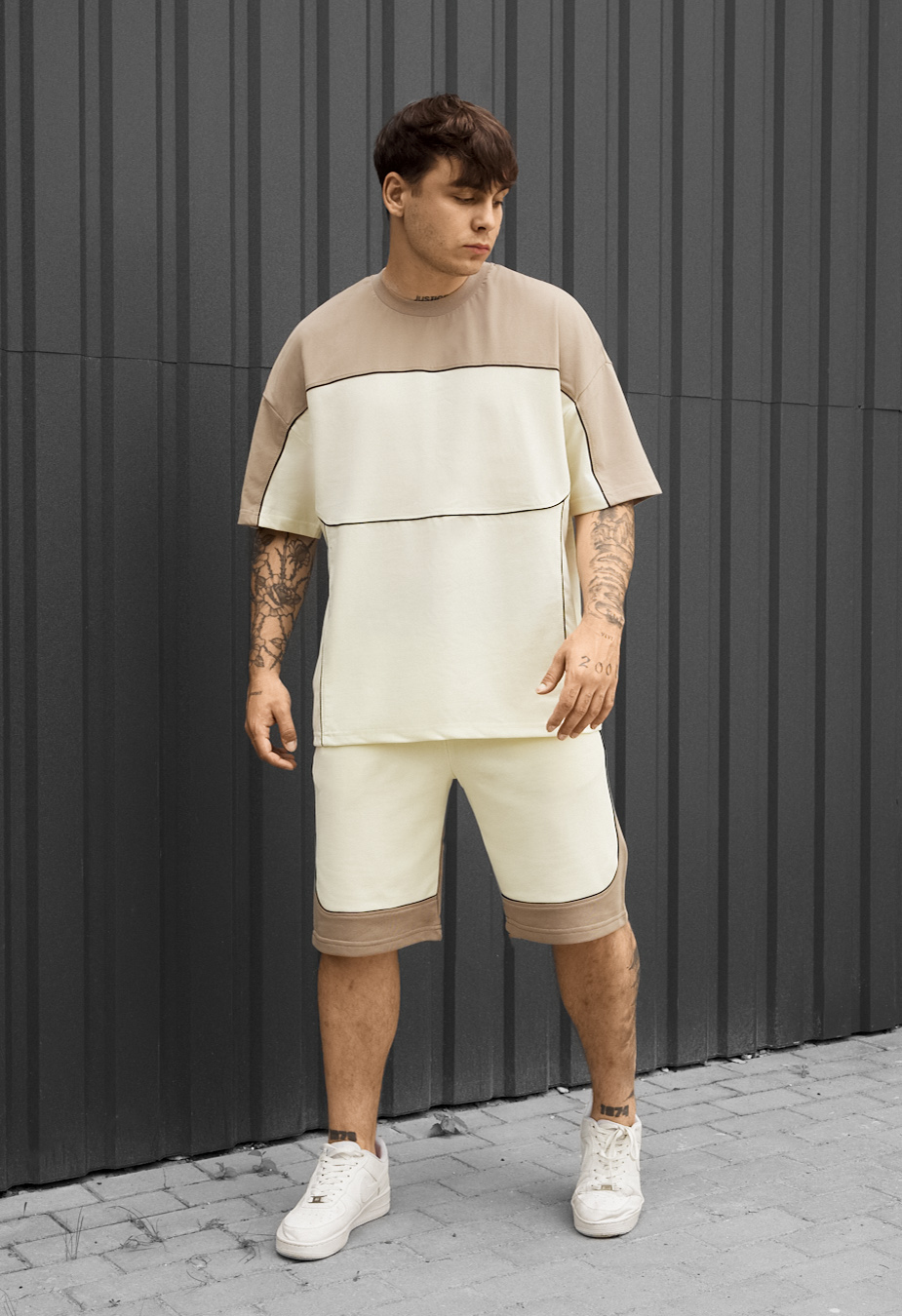 Komplet koszulka + spodenki Staff raf milk & light brown oversize