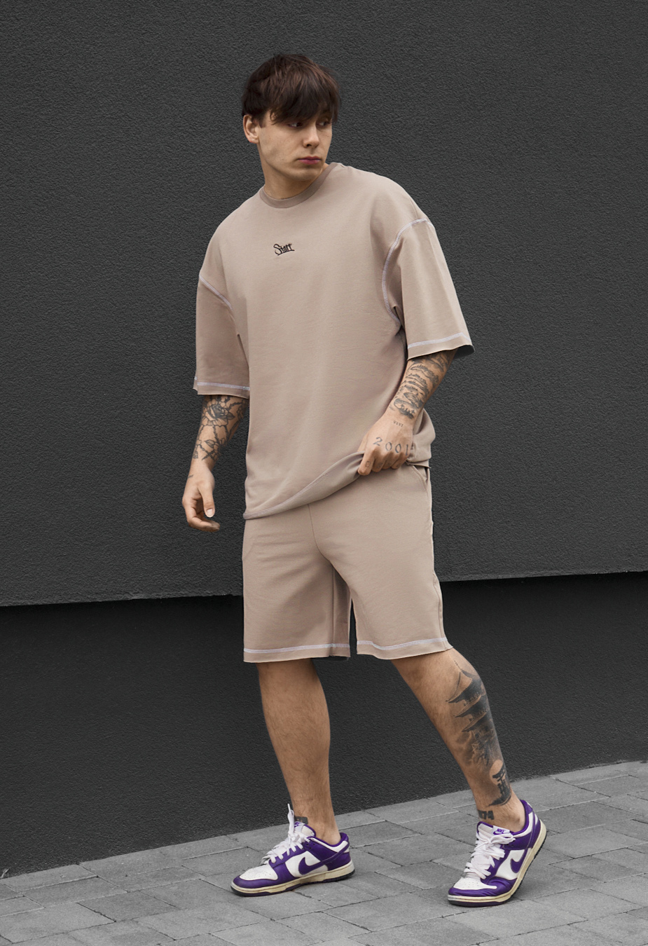 Komplet koszulka + spodenki Staff dark beige logo lio oversize