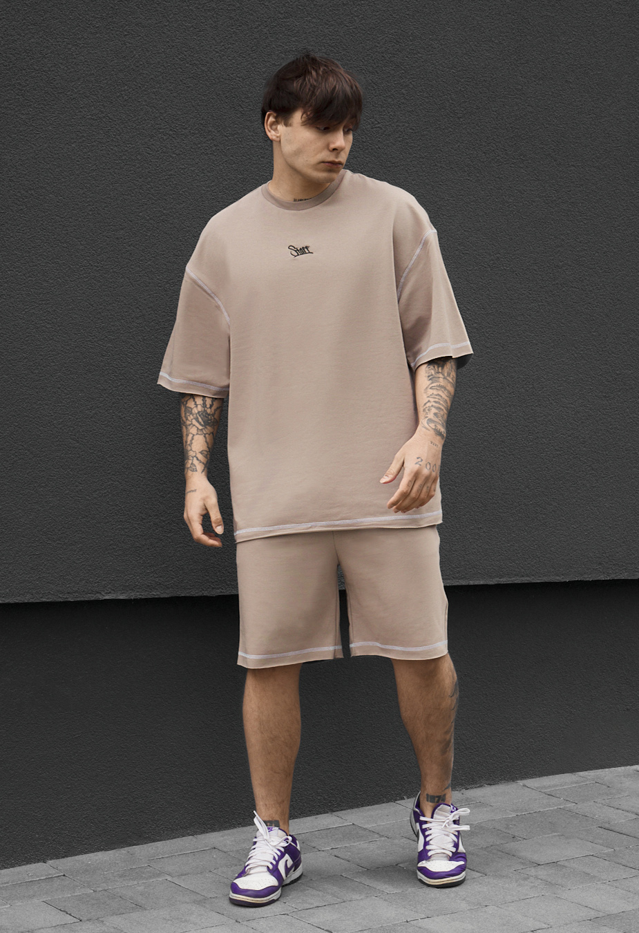 Komplet koszulka + spodenki Staff dark beige logo lio oversize