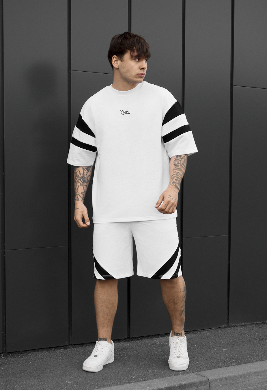 Komplet koszulka + spodenki Staff ran logo white & black oversize