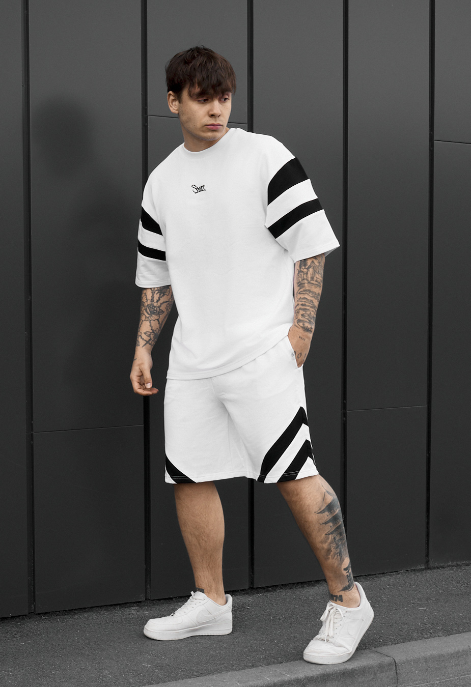 Komplet koszulka + spodenki Staff ran logo white & black oversize