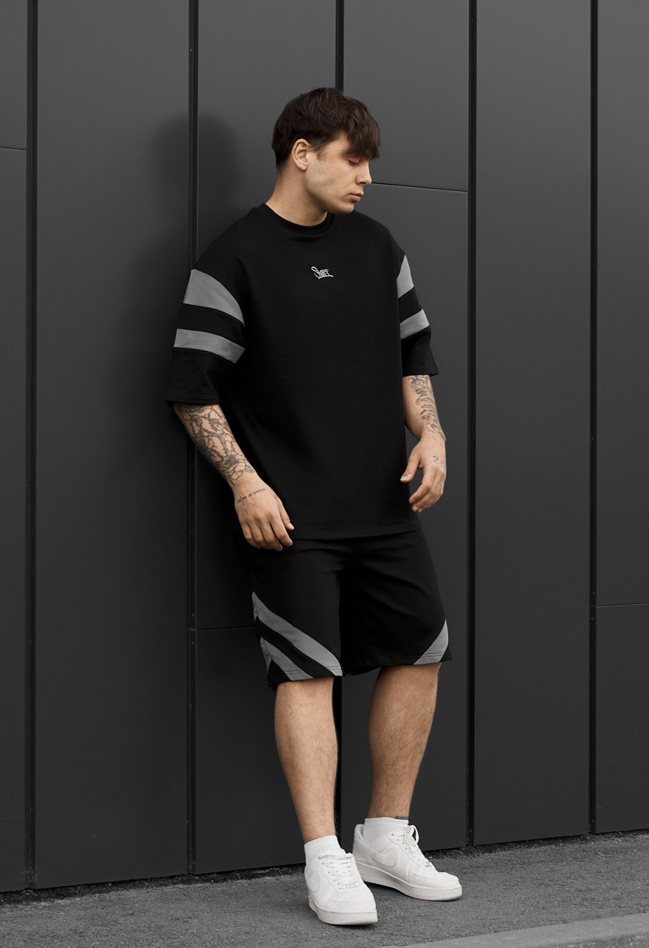 KOmplet koszulka + spodenki Staff ran logo black & gray oversize