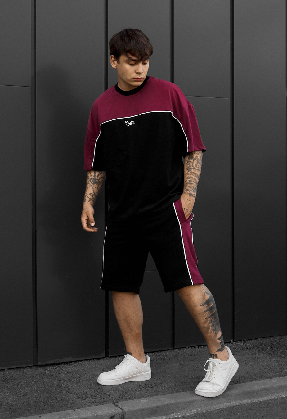 Komplet koszulka + spodenki Staff sl bordo & black oversize