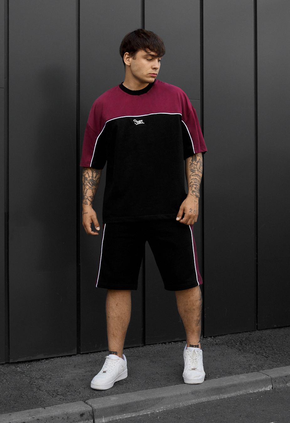 Komplet koszulka + spodenki Staff sl bordo & black oversize